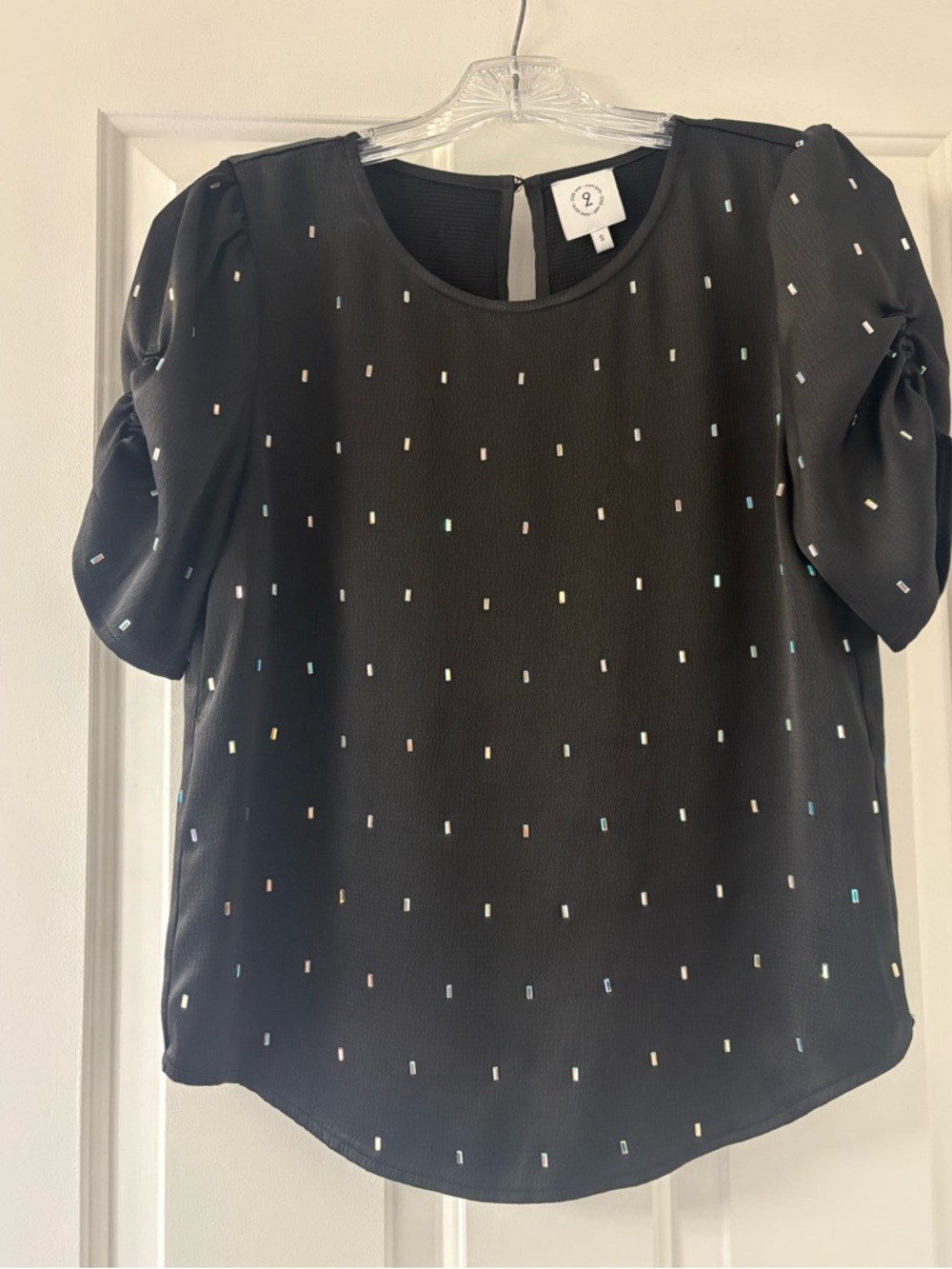 Black Puff Sleeve Sparkle Embellished Blouse (S)